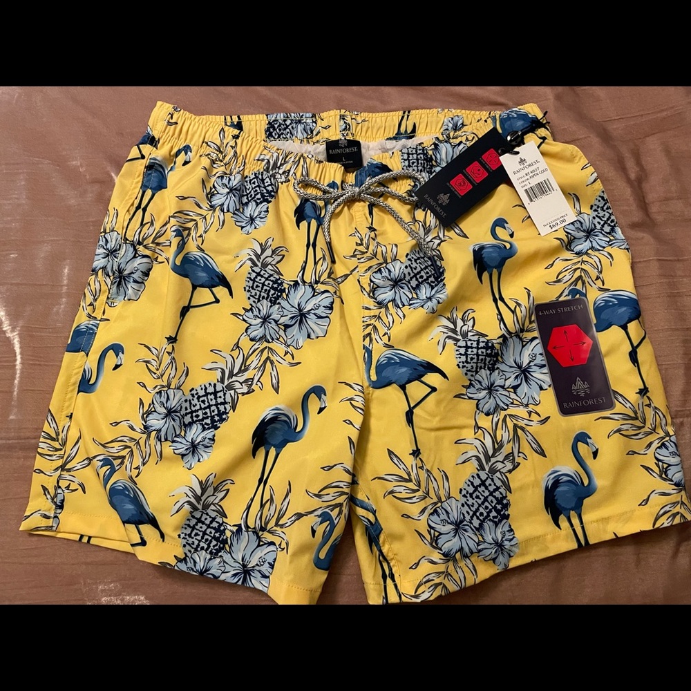 Rainforest Swim trunks in fun blue and yellow flamingo floral w pineapples